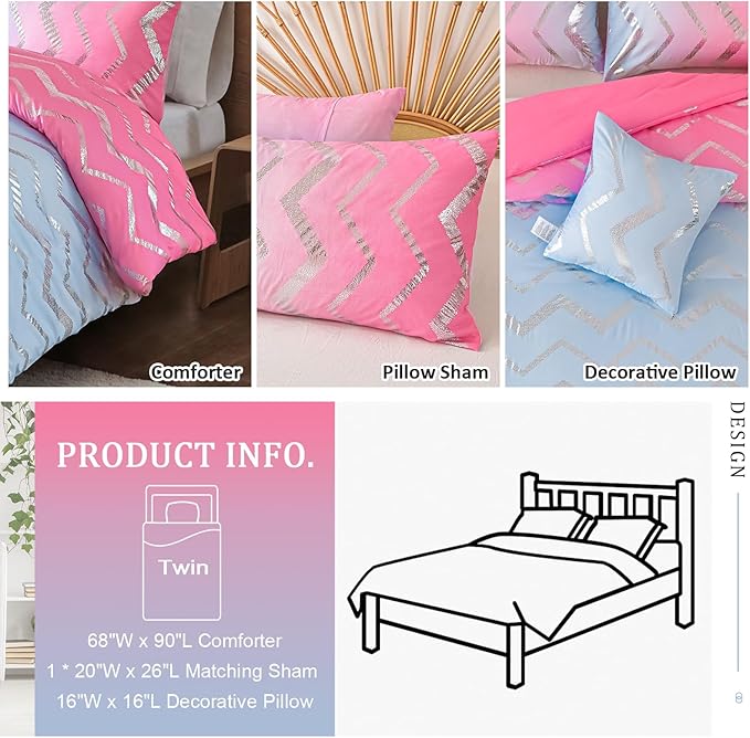 Girls Comforter Set Twin Size Ombre Pink Purple Bedding Rainbow Comforter for Kids Teen Women,3 Pieces (1 Comforter,1 Pillowcase,1 Decorative Pillow Sham) - LeafyLoom