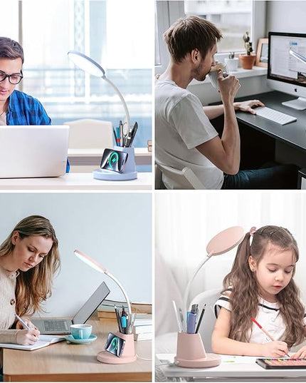 comzler LED Desk Lamp with Wireless Charger Pen Phone Holder, Blue Desk Lamp for Home Office, Dimmable Desk Light 3 Color Modes, College Dorm Study Lamp for College Dorm, CRI 90 800 Lumen - LeafyLoom