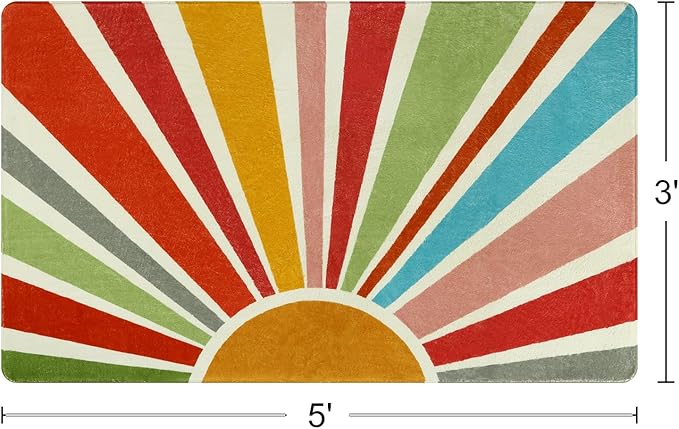 Boho Washable Rug 3'x5' Rug Kids Area Rug for Playroom, Colorful Kids Rug for Bedroom, Non-Slip Throw Sun Carpet Soft Small Sunshine Rug for Office Nursery Entryway Dorm - LeafyLoom