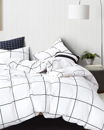 White Grid Comforter White Plaid Bedding Set Queen White Black Lines Printed Stripes Women Checkered Queen Comforters Bedding Set White Grid Comforter Set Queen - LeafyLoom