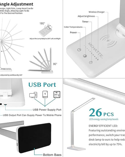 LED Desk Lamp with USB Charging Port, Dimmable Eye-Caring Table Lamps with Wireless Charger, 5 Brightness Levels & 5 Lighting Modes, Touch Control, Auto Timer - LeafyLoom