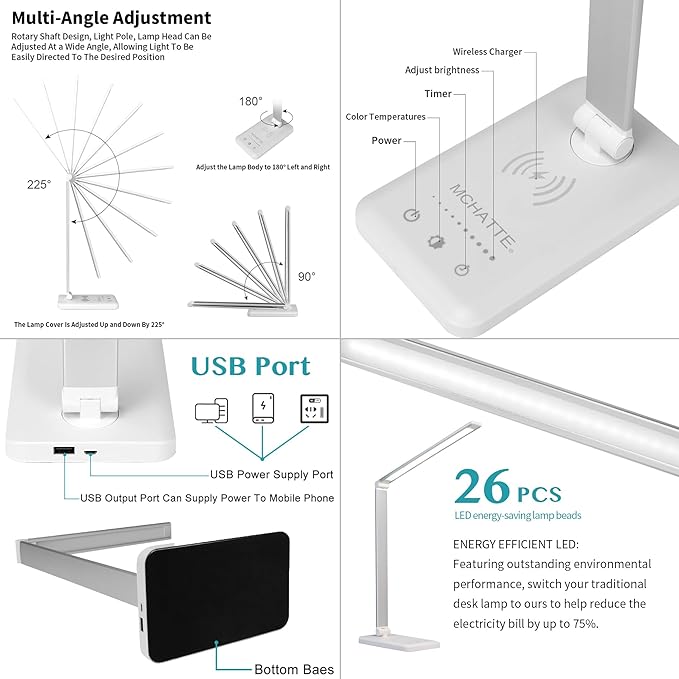 LED Desk Lamp with USB Charging Port, Dimmable Eye-Caring Table Lamps with Wireless Charger, 5 Brightness Levels & 5 Lighting Modes, Touch Control, Auto Timer - LeafyLoom