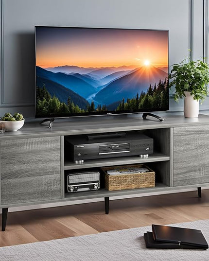 YESHOMY Modern TV Stand for 65" Television, Entertainment Center with Two Storage Cabinets, Retro Style Media Console for Living Room, Bedroom, Office, 58 Inch, Light Gray - LeafyLoom