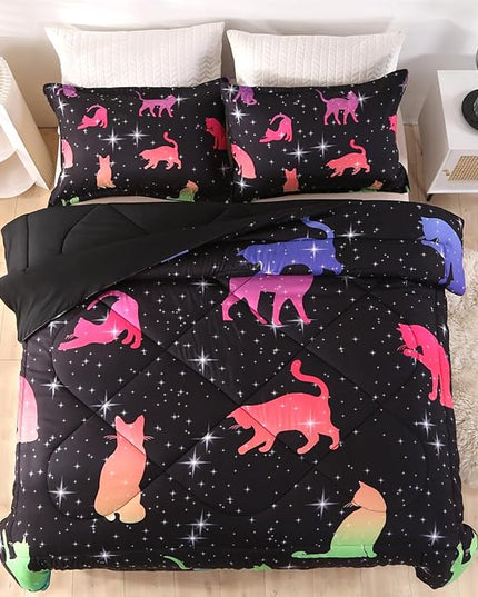 ENCOFT Comforter Set Queen for Girls and Boys, Premium 3 Piece Cats Bedding Set Black, Comfortable and Breathable for Teens and Adults, 1 Comforter and 2 Pillowcases - LeafyLoom