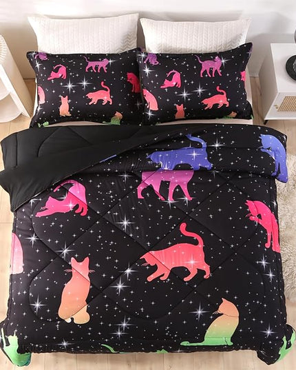 ENCOFT Cat Full Bedding Comforter Set Full for Girls and Boys Premium 3 Piece Cats Bedding Set Black Comfortable and Breathable for Teens and Adults with 1 Comforter and 2 Pillowcases - LeafyLoom