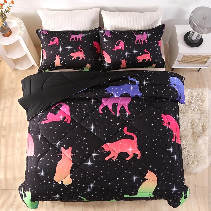 ENCOFT Cat Full Bedding Comforter Set Full for Girls and Boys Premium 3 Piece Cats Bedding Set Black Comfortable and Breathable for Teens and Adults with 1 Comforter and 2 Pillowcases - LeafyLoom