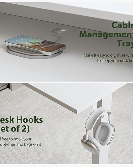 L shaped Electric Standing Desk with 2 Drawers, 63 Inch Ergonomic Adjustable Height Desk with Storage, Corner Desk Sit Stand up Computer Table for Work Office Home, White - LeafyLoom