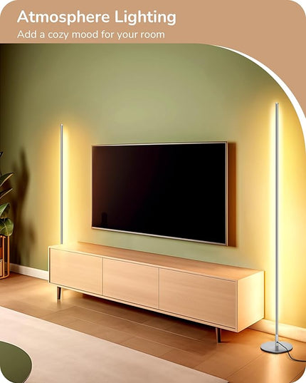 EDISHINE LED Corner Floor Lamp with Remote, 57.5" Minimalist Dimmable Slim Light Pole, Standing Tall Mood Lamp for Living Room, Bedroom, Office, 3000K Warm White Light (Silver) - LeafyLoom