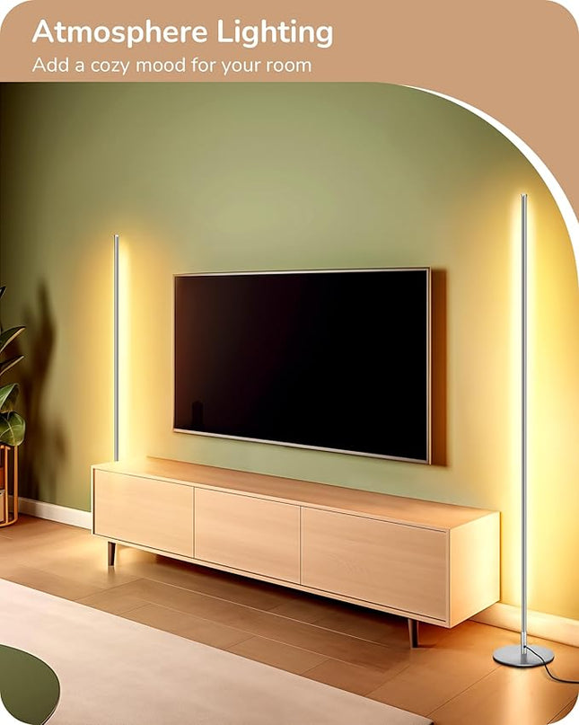 EDISHINE LED Corner Floor Lamp with Remote, 57.5" Minimalist Dimmable Slim Light Pole, Standing Tall Mood Lamp for Living Room, Bedroom, Office, 3000K Warm White Light (Silver) - LeafyLoom