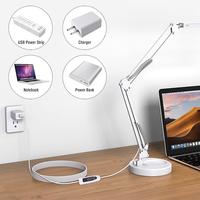 LED Desk Lamp with Clamp and Round Base,Eye Caring Table Lamp with Swing Arm,3 Color Modes 10 Brightness Levels,Memory Function,Desk Light for Home Office with USB Adapter White-14W - LeafyLoom