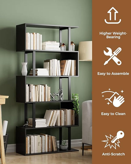 Gadroad 5-Tier Geometric Bookcase,S Shaped Bookshelf, Wood Decorative Storage Shelving, Modern Freestanding Display Shelves, Tall Book Shelf Unit for Living Room Bedroom, Black - LeafyLoom