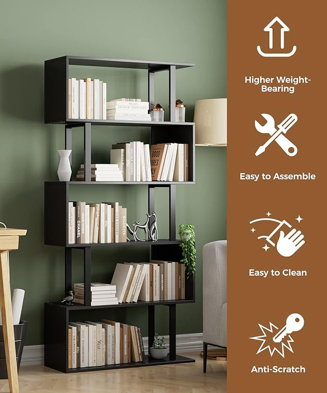 Gadroad 5-Tier Geometric Bookcase,S Shaped Bookshelf, Wood Decorative Storage Shelving, Modern Freestanding Display Shelves, Tall Book Shelf Unit for Living Room Bedroom, Black - LeafyLoom