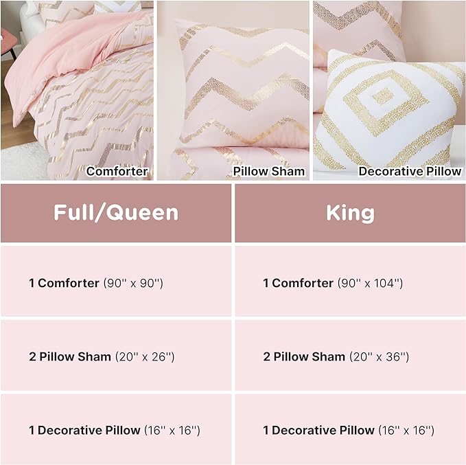 Codi Girl Bedding Sets, Queen/Full Size Comforter Set for Girls Teen/Kids, Pink/Rose Gold, 4 Piece (2 Matching Sham + 1 Decorative Pillow) - LeafyLoom