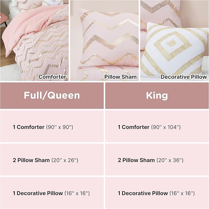 Codi King Size Bedding Sets Pink - Metallic Print Blush Comforter Set - 4 Piece includes 1 Rose Gold Comforter, 1 Decorative Pillow, 2 Pillow Cases - All Seasons Warm - LeafyLoom