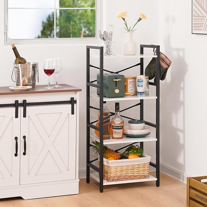 Yoobure 4 Tier Bookshelf - Small Book Shelf Industrial Bookcase, Narrow Book Case Book Storage Organizer for CD/Movie/Book, Bookshelves for Bedroom Office Living Room White - LeafyLoom