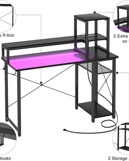 armocity 2024 Upgrade Gaming Desk with LED Lights, Small Computer Desk with Long Monitor Stand, 40'' Reversible Laptop Table with Storage Shelves, Small Desk for Small Spaces, Gaming Room, Black - LeafyLoom