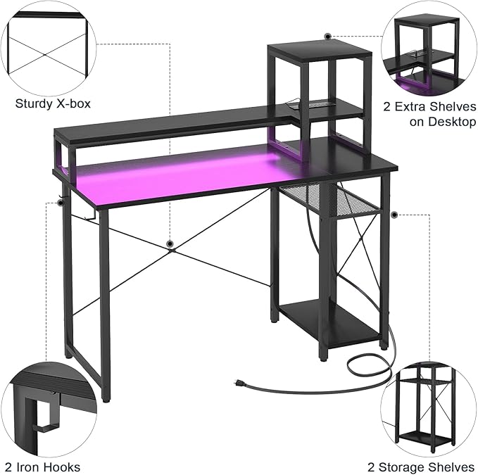 armocity 2024 Upgrade Gaming Desk with LED Lights, Small Computer Desk with Long Monitor Stand, 40'' Reversible Laptop Table with Storage Shelves, Small Desk for Small Spaces, Gaming Room, Black - LeafyLoom