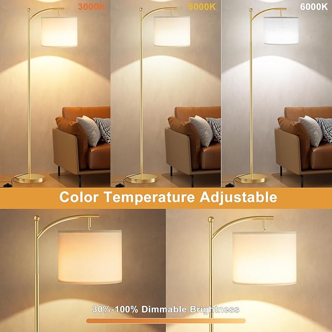 Ambimall Floor Lamp with Remote Control and Stepless Dimmable Bulb, Colors Temperature & Brightness Adjustable, Modern Floor Lamps for Living Room（White Shade & Gold Pole） - LeafyLoom