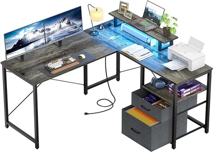 Homieasy L Shaped Computer Desk with Storage File Drawer, Reversible Home Office Desk with Recessed Power Strip and Led Strip, Corner Gaming Desk Work Study Table with Monitor Stand, Black Oak - LeafyLoom