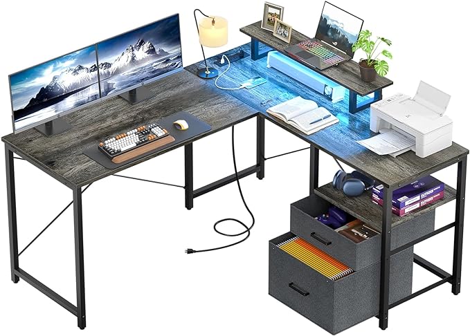 Homieasy L Shaped Computer Desk with Storage File Drawer, Reversible Home Office Desk with Recessed Power Strip and Led Strip, Corner Gaming Desk Work Study Table with Monitor Stand, Black Oak - LeafyLoom