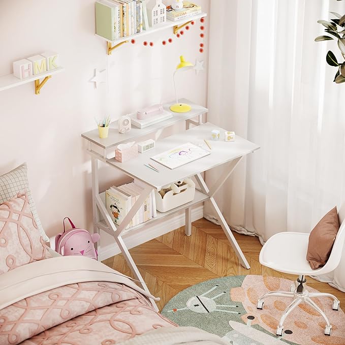 ODK Small Computer Desk, 27.5 inch Desk for Small Spaces with Storage, Compact Table with Monitor & Storage Shelves for Home Office, Modern Style Laptop Desk, Pure White - LeafyLoom