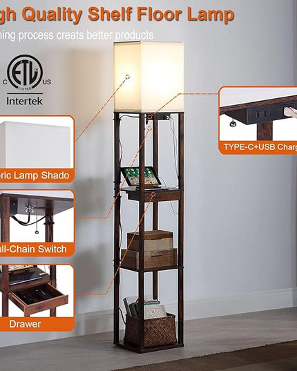 Floor Lamp with Shelves, Shelf Floor Lamps for Living Room with 2 USB Charging Ports 1 Power Outlet and Drawer, Modern Corner Square Display Standing Lamp 4-Tier Tall Bookshelf Lamp for Bedroom - LeafyLoom