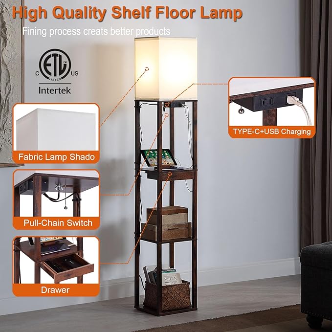Floor Lamp with Shelves, Shelf Floor Lamps for Living Room with 2 USB Charging Ports 1 Power Outlet and Drawer, Modern Corner Square Display Standing Lamp 4-Tier Tall Bookshelf Lamp for Bedroom - LeafyLoom