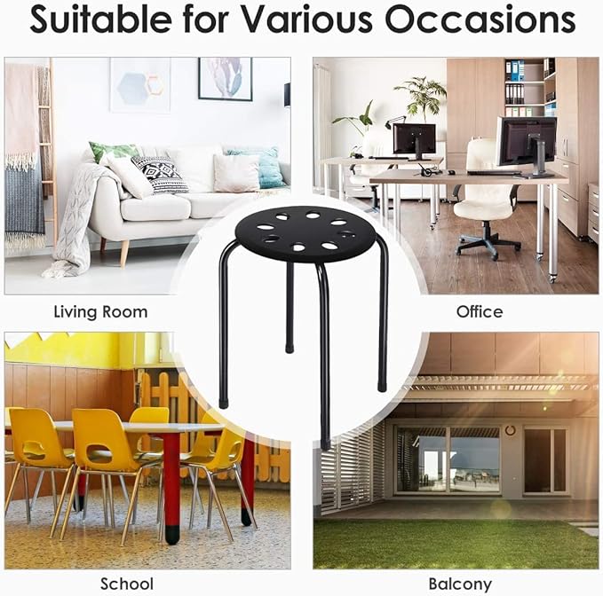 Hysache Plastic Stackable Stools Set of 6, 17.5" Multipurpose Stool Chairs w/Metal Frame, X-Shape Connection, Non-Slip Feet, Backless School Classroom Nesting Stool for Students Child Kids (Black) - LeafyLoom