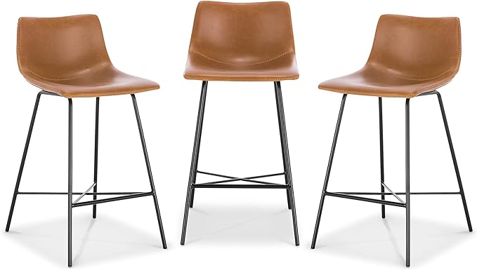 Poly and Bark Counter Stool 24 inches - Counter Height Bar Stools Set of 3 - Sturdy Kitchen Stools with Backs - Comfortable Bar Chair - Modern Countertop-High Chairs, Kitchen Island Barstools – Tan - LeafyLoom