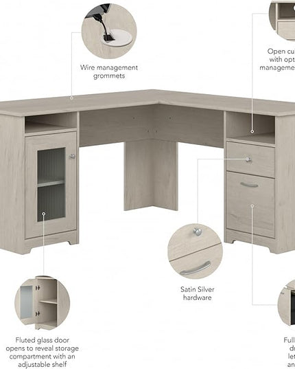 Bush Furniture Cabot 60W L Shaped Computer Desk with Storage in Linen White Oak - LeafyLoom