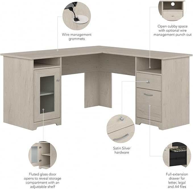 Bush Furniture Cabot 60W L Shaped Computer Desk with Storage in Linen White Oak - LeafyLoom