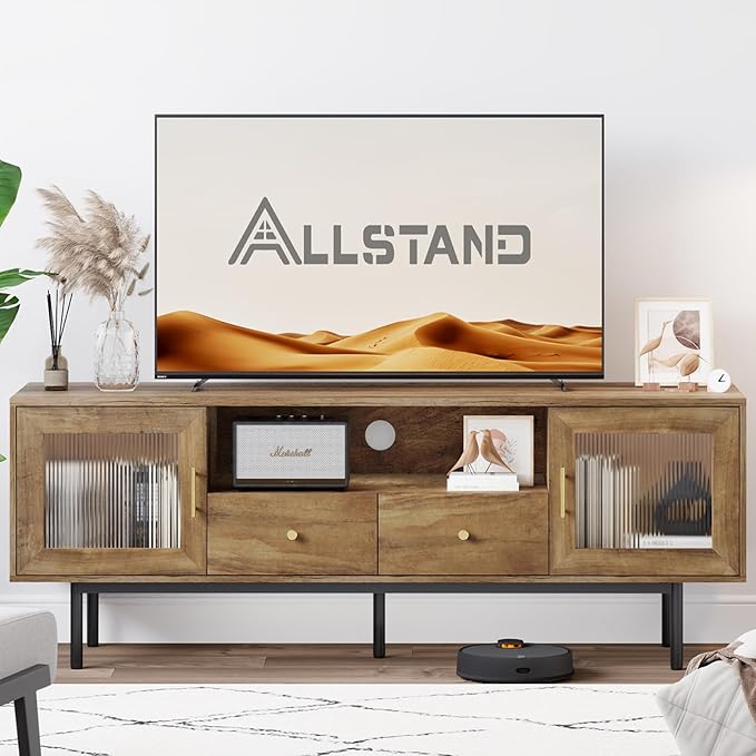 TV Stand for 65 Inch TV, Modern Entertainment Center with 2 Cabinets and 2 Drawers, Mid Century TV Stand for 55/60/65 inch TV, Media Console for Bedroom, Living Room and Office, Brown - LeafyLoom
