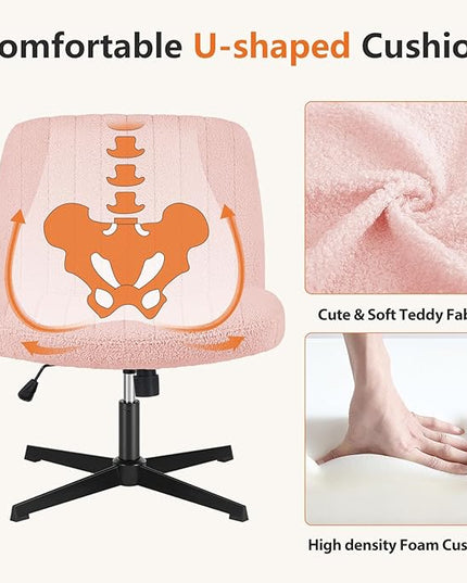 Sweetcrispy Office Chair No Wheels - Armless Desk Chair No Wheels Cross Legged Office Chair Wide Swivel Teddy Fabric Home Office Desk Chairs - LeafyLoom