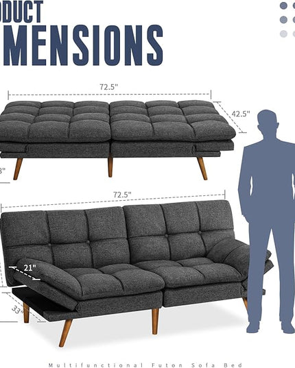 IULULU Futon Sofa Bed, Modern Convertible Sleeper Couch Daybed with Adjustable Armrests for Studio, Apartment, Office, Small Space, Compact Living Room, Dark Gray - LeafyLoom