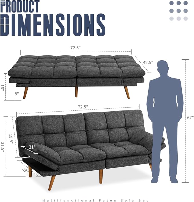 IULULU Futon Sofa Bed, Modern Convertible Sleeper Couch Daybed with Adjustable Armrests for Studio, Apartment, Office, Small Space, Compact Living Room, Dark Gray - LeafyLoom