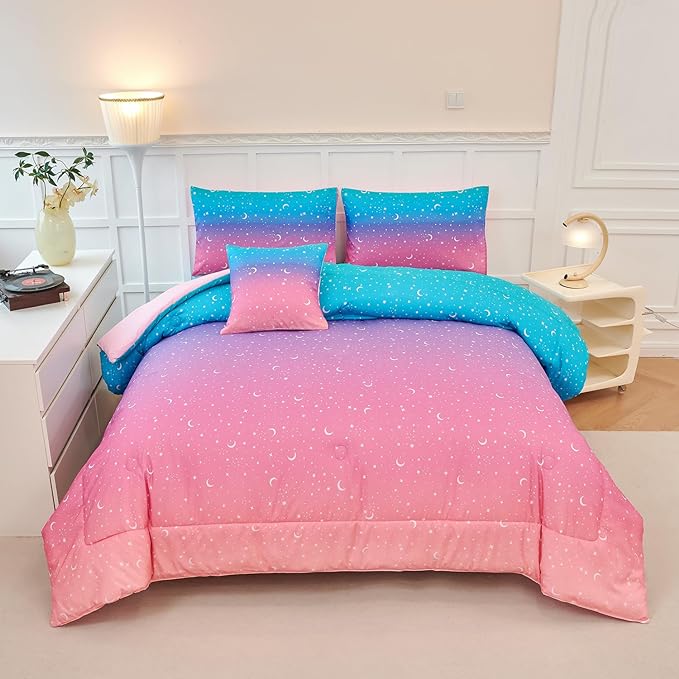 URBONUR 6 Pieces Twin Comforter Set for Girls Moon Star Printed Bedding Set on Gradient Pink Purple Blue, Soft Microfiber All Season Bed Sets for Kids Teen (Twin Size, 6PCS) - LeafyLoom