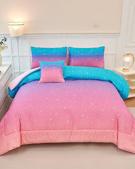 URBONUR 6 Pieces Full Size Comforter Set for Girls Moon Star Printed Bedding Set Gradient Pink Purple Blue, Soft Microfiber All Season Kids Bed Sets (Full Size, 6PCS) - LeafyLoom