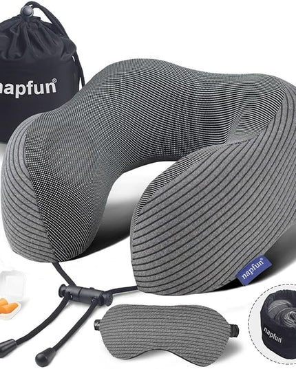 napfun Travel Pillow, 100% Pure Memory Foam Neck Pillows for Travel Airplane Headrest Flight Plane Accessories, Deep Grey, Medium (120-200LB) - LeafyLoom