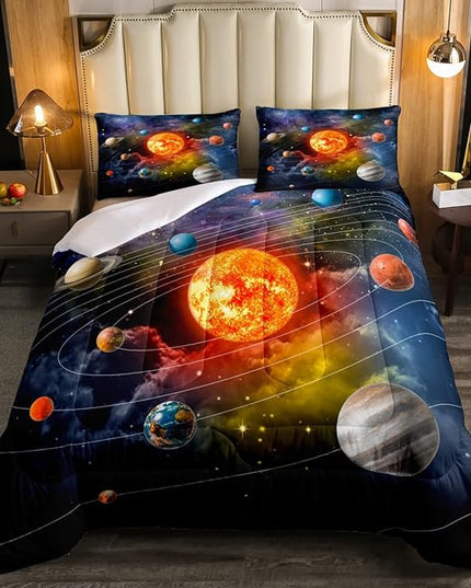 Erosebridal Solar System Bedding Set Full Galaxy Space Comforter Set for Kids Boys Toddler Outer Space Room Decor Nebula Planets Orbit Comforter Celestial Universe Stars Quilt Duvet 2 Pillowcases - LeafyLoom