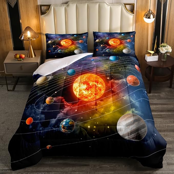 Erosebridal Solar System Bedding Set Queen Galaxy Space Comforter Set for Kids Boys Toddler Outer Space Room Decor Nebula Planets Orbit Comforter Celestial Universe Stars Quilt Duvet 2 Pillowcases - LeafyLoom
