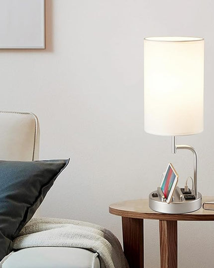 Dreamholder Table Lamp with 3 USB Charging Ports, Modern Desk Lamp with AC Outlet and Phone Stands, Perfect Bedside Lamp for Bedroom, Living Room, Office (Pack of 2), Silver - LeafyLoom