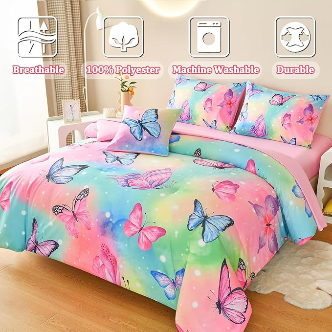 Butterfly Bedding Set Full, Pink Butterfly Comforter Set for Girls Kids Teens 6 pcs Bed in a Bag Full Bedding Sets for Girls - LeafyLoom