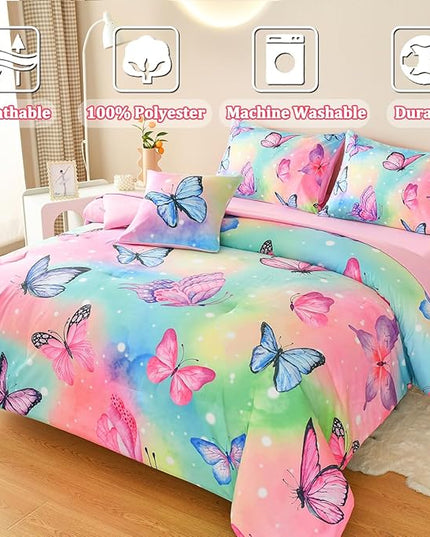 Butterfly Bedding Set Twin, Pink Butterfly Comforter Set for Girls Kids Teens 6 pcs Bed in a Bag Twin Bedding Sets for Girls - LeafyLoom