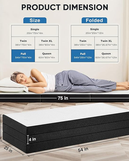 OLIXIS Tri-fold Memory Foam Mattress - 4 Inch Full Size Portable Floor Bed, Foldable Mat for Kids and Adults, Collapsible and Washable Cover with CertiPUR-US Certified, for Travel & Camping & Yoga - LeafyLoom