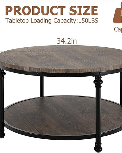 GAOMON Round Coffee Table Rustic Center Table with Storage Shelf 2-Tier Industrial Accent Center Table Wood Circle Coffee Table with Sturdy Metal Legs, Easy Assembly - LeafyLoom