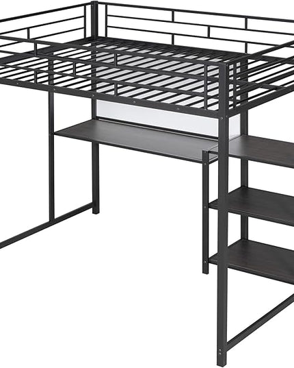 RITSU Full Size Loft Bed, Heavy Duty Metal Bunk Bedframe with Desk and Whiteboard, Safety Guardrail Fence & Ladder, 3 Big Storage Shelves, for Kids, Teens, Black - LeafyLoom