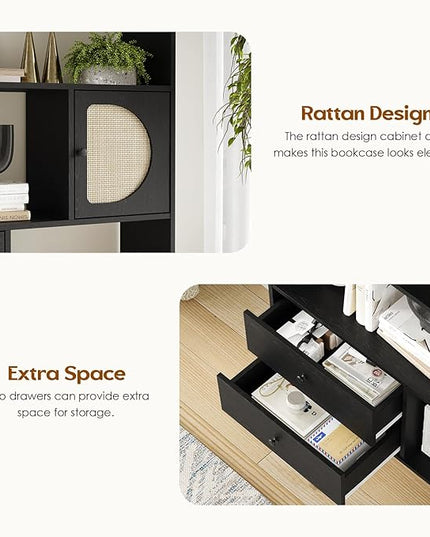 Soohow 4 Shelf Bookcase and Bookshelves with Drawer, 65” Tall Bookcases with Storage Shelves, Bookshelves and Bookcases with Rattan Cabinet and Metal Legs for Home Office, Living Room and Bedroom. - LeafyLoom