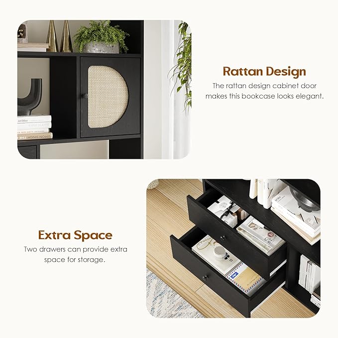 Soohow 4 Shelf Bookcase and Bookshelves with Drawer, 65” Tall Bookcases with Storage Shelves, Bookshelves and Bookcases with Rattan Cabinet and Metal Legs for Home Office, Living Room and Bedroom. - LeafyLoom