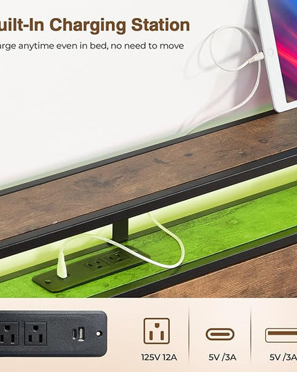 LED Queen Bed Frame with 2 Storage Drawers & Headboard, Platform Metal Bed Frame with Charging Station, Noise-Free, No Box Spring Needed, Vintage Brown - LeafyLoom