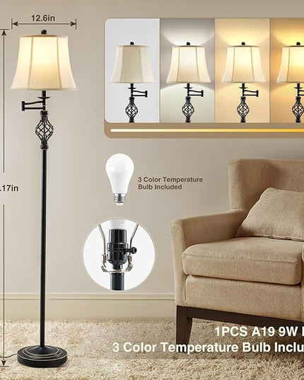 3 Color Temperature LED Floor lamp, Traditional 350° Adjustable Swing Arm Floor Lamp Vintage Pole lamp Farmhouse Lamp for Living Rooms & Offices, Rustic Standing Lamp for Bedroom Reading - LeafyLoom
